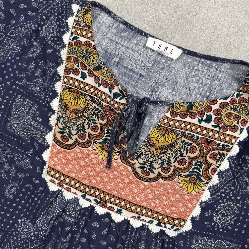 THML Shirt Women’s Medium Blue Cotton Short Sleeve Hippie Patchwork Boho Blouse
